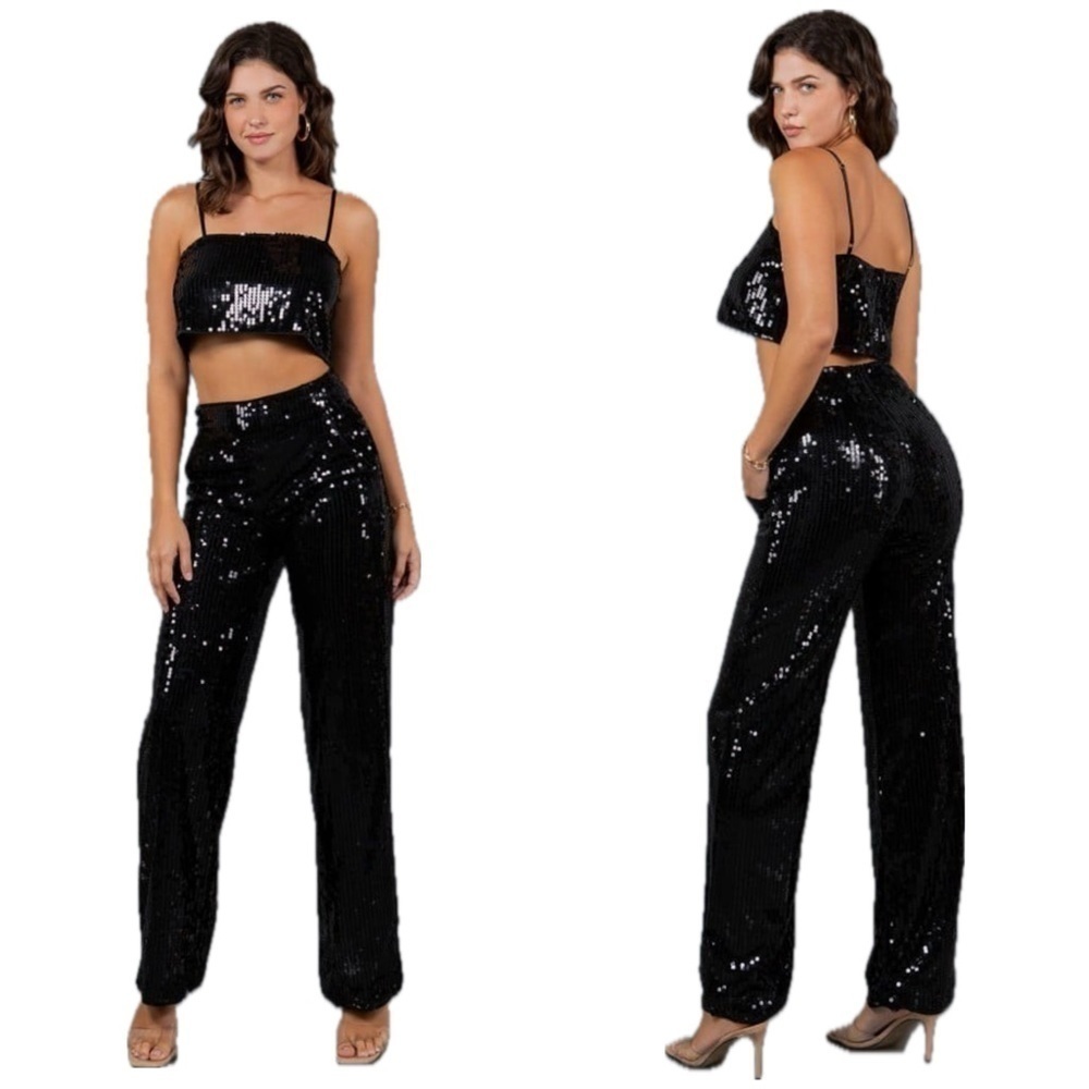 🆕 SEQUIN SPAGHETTI STRAP CROP TOP WITH STRAIGHT LEG HIGH WAISTED PANT SET